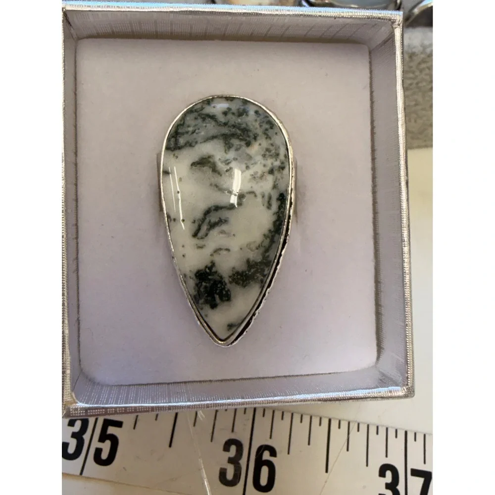 Large Moss Agate Teardrop Statement Ring Silver plated Size 9‎ Boho Nature